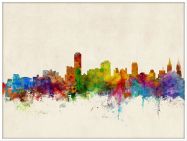Large Adelaide Australia Watercolour Skyline (Wood Frame - White)