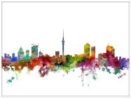Large Auckland New Zealand Watercolour Skyline (Wood Frame - White)