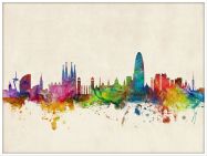 Large Barcelona Spain Watercolour Skyline (Wood Frame - White)