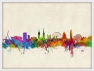 Medium Belfast Northern Ireland Watercolour Skyline (Wood Frame - White)
