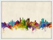 Medium Cambridge England Watercolour Skyline (Wood Frame - White)