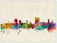 Large Cardiff Wales Watercolour Skyline (Wood Frame - White)