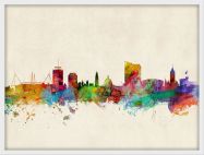 Medium Cardiff Wales Watercolour Skyline (Wood Frame - White)