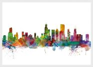 Small Chicago Illinois Watercolour Skyline (Wood Frame - White)