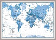 Medium Children's Art Map of the World Blue (Pinboard & framed - Silver)