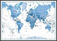 Large Children's Art Map of the World Blue (Pinboard & wood frame - Black)