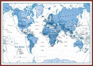 Large Children's Art Map of the World Blue (Pinboard & framed - Dark Oak)