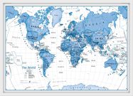 Medium Children's Art Map of the World Blue (Pinboard & wood frame - White)