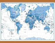 Medium Children's Art Map of the World Blue (Rolled Canvas with Wooden Hanging Bars)