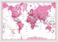 Medium Children's Art Map of the World Pink (Pinboard & wood frame - White)