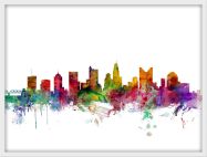 Small Columbus Ohio Watercolour Skyline (Wood Frame - White)