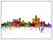 Medium Detroit Watercolour Skyline (Wood Frame - White)