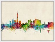 Medium Dubai Watercolour Skyline (Wood Frame - White)