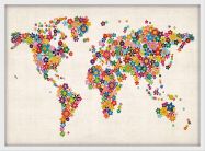 Medium Flower Map of the World (Wood Frame - White)