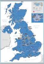 Football Fan's Football Grounds Map Blue (Rolled Canvas with Hanging Bars)