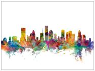 Large Houston Texas Watercolour Skyline (Wood Frame - White)