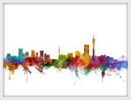 Medium Johannesburg South Africa Watercolour Skyline (Wood Frame - White)