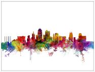 Large Kansas City Watercolour Skyline (Wood Frame - White)