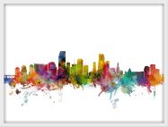 Medium Miami Florida Watercolour Skyline (Wood Frame - White)