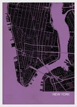A3 New York City Street Map Print Mauve (Wood Frame - White)
