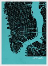 Small New York City Street Map Print Turquoise (Wood Frame - White)