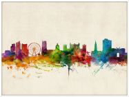 Large Nottingham England Watercolour Skyline (Wood Frame - White)