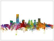 Large Oklahoma City Watercolour Skyline (Wood Frame - White)
