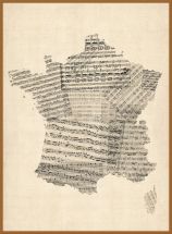 Large Old Sheet Music Map of France (Pinboard & wood frame - Teak)