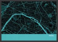 A3 Paris City Street Map Print Turquoise (Wood Frame - Black)