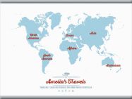 Medium Personalised Travel Map of the World - Aqua (Rolled Canvas with Hanging Bars)
