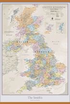 Large Personalised UK Classic Wall Map (Rolled Canvas with Wooden Hanging Bars)
