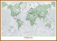 Large Personalised World Is Art - Wall Map Green (Wood Frame - Teak)
