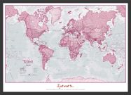 Medium Personalised World Is Art - Wall Map Pink (Wood Frame - Black)