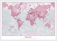 Medium Personalised World Is Art - Wall Map Pink (Wood Frame - White)