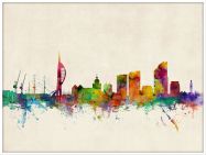 Large Portsmouth England Watercolour Skyline (Wood Frame - White)