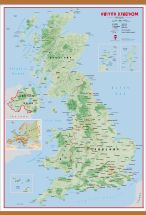 Huge Primary UK Wall Map Physical (Rolled Canvas with Wooden Hanging Bars)