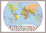 Medium Primary World Wall Map Political with flags (Pinboard & framed - Silver)