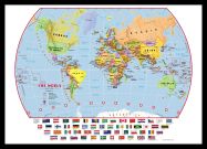 Medium Primary World Wall Map Political with flags (Pinboard & framed - Black)