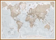 Large The World Is Art - Wall Map Neutral (Wood Frame - Teak)