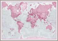 Large The World Is Art - Wall Map Pink (Pinboard & framed - Silver)