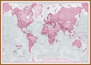 Large The World Is Art - Wall Map Pink (Wood Frame - Teak)