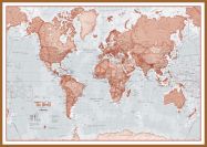 Large The World Is Art - Wall Map Red (Wood Frame - Teak)