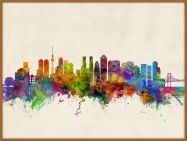 Large Tokyo Japan Watercolour Skyline (Pinboard & wood frame - Teak)