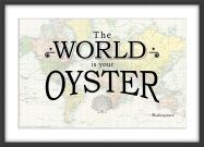 Travel Quote Map Print 'The World is your oyster...' (Wood Frame - Black)