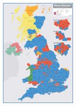 Large UK Parliamentary Constituency Boundary Wall Map (December 2019 results) (Wood Frame - White)