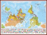 Huge Upside-down World Wall Map Political with flags  (Pinboard & framed - Dark Oak)