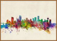 Large Vancouver Canada Watercolour Skyline (Pinboard & wood frame - Teak)