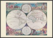 Large Vintage Double Hemisphere World Map 1689 (Wood Frame - Black)