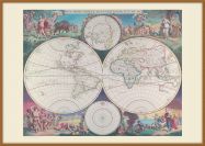 Large Vintage Double Hemisphere World Map 1689 (Wood Frame - Teak)