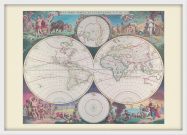 Medium Vintage Double Hemisphere World Map 1689 (Wood Frame - White)